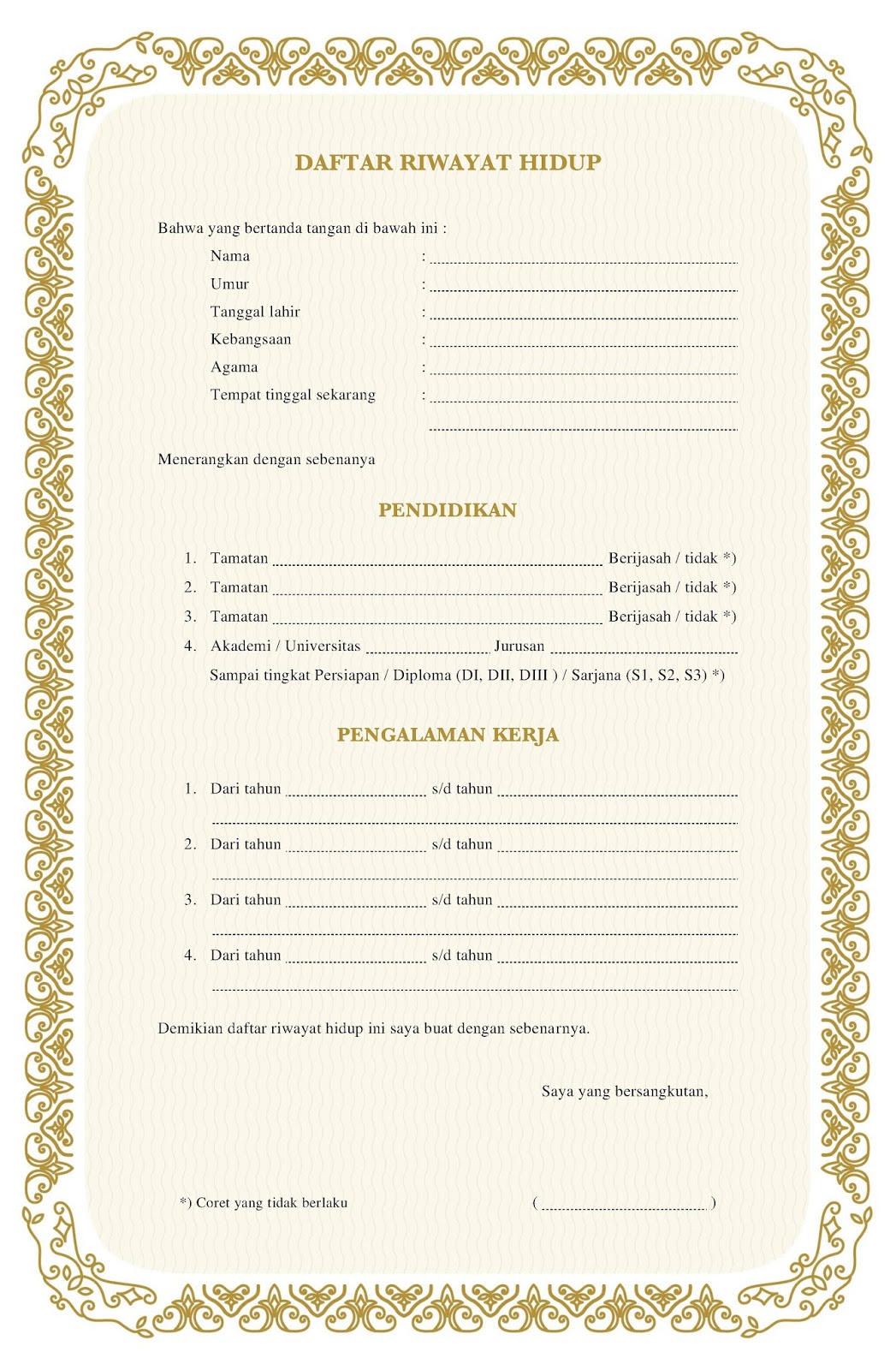 Daftar riwayat hidup cv kosong doc pdf word tulis tangan